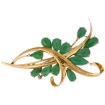 A Chinese 14ct gold jade floral spray brooch, 58.1mm, 7.9g No damage, all stones present, backing