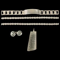 Various silver jewellery, including heavy textures identity bracelet, 20cm, Deakin & Francis