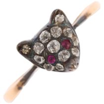 An 18ct gold and silver diamond and ruby fox mask ring, circa 1890, the head pave set with old-cut