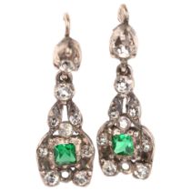 A pair of green and white paste drop earrings, unmarked white metal settings, with stud fittings,