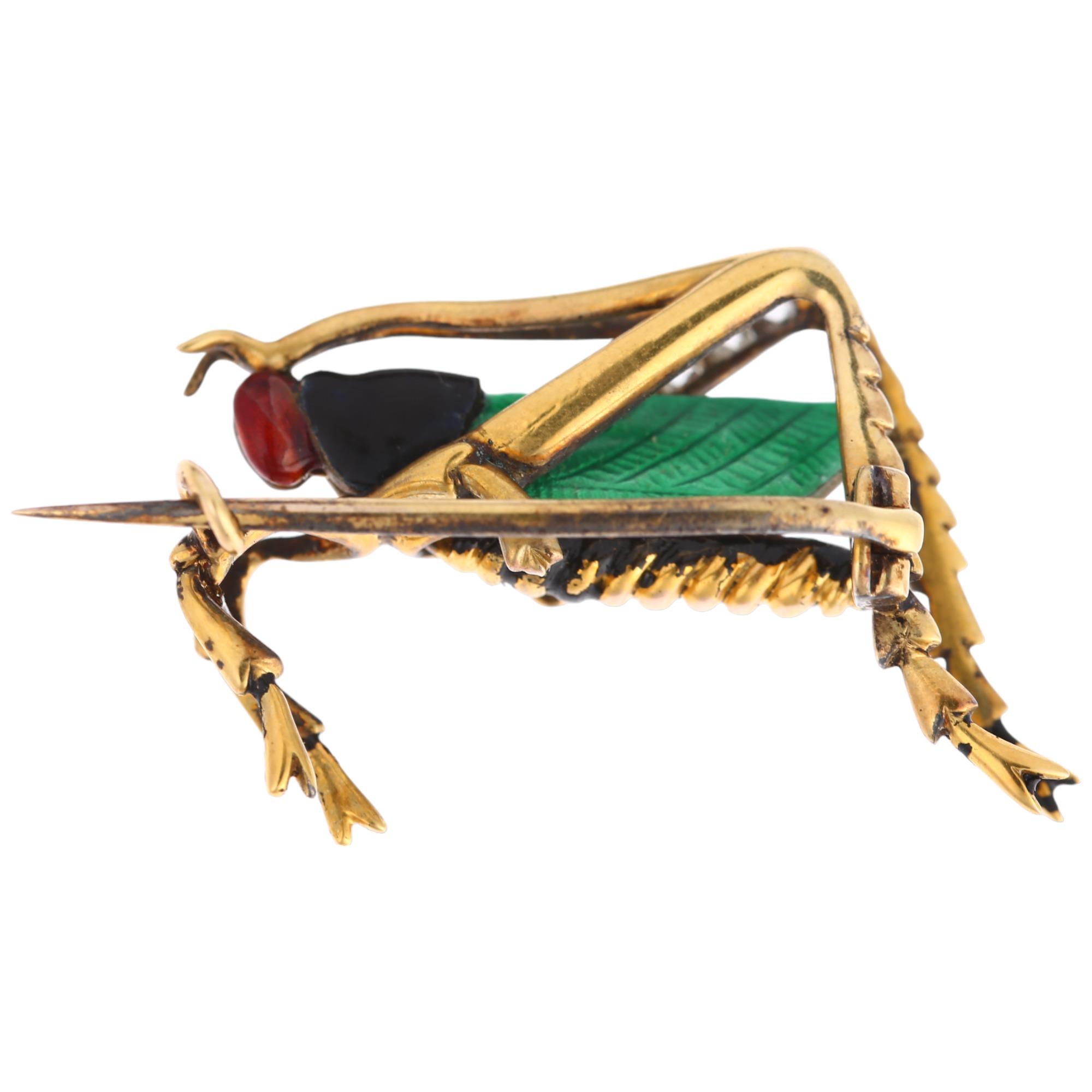 A diamond and enamel figural grasshopper brooch, early/mid-20th century, unmarked yellow metal - Image 3 of 4
