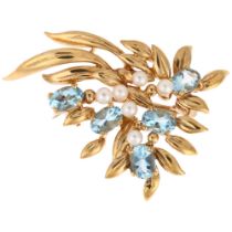 A 9ct gold blue topaz and cultured pearl floral spray brooch, maker C&F, 37.9mm, 5.7g No damage or
