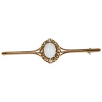 A Victorian 15ct gold opal and diamond cluster bar brooch, the central oval cluster claw set with