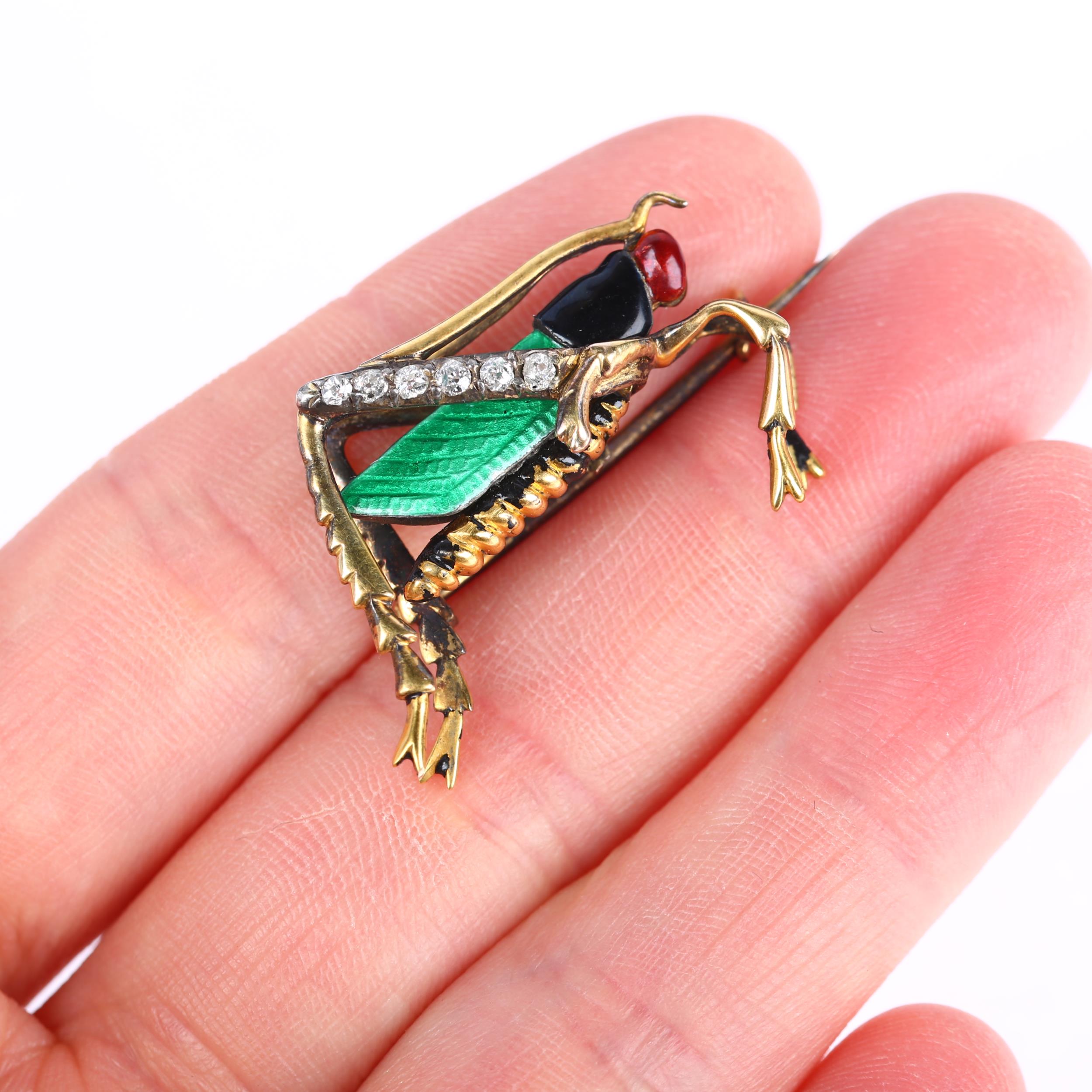 A diamond and enamel figural grasshopper brooch, early/mid-20th century, unmarked yellow metal - Image 4 of 4