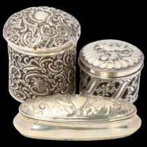 3 silver dressing table boxes, including Art Nouveau peacock jewel box, Birmingham 1901, and