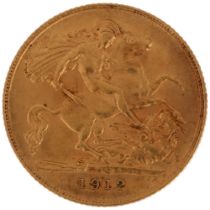 A George V 1912 gold half sovereign coin, 3.9g No damage, high points slightly worn