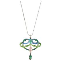 An Art Nouveau silver and enamel openwork pendant necklace, maker HP, Birmingham 1909, on silver