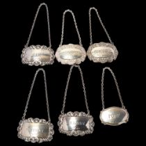 6 Elizabeth II silver decanter labels, 2.4oz total No damage or repair, hallmarks clear