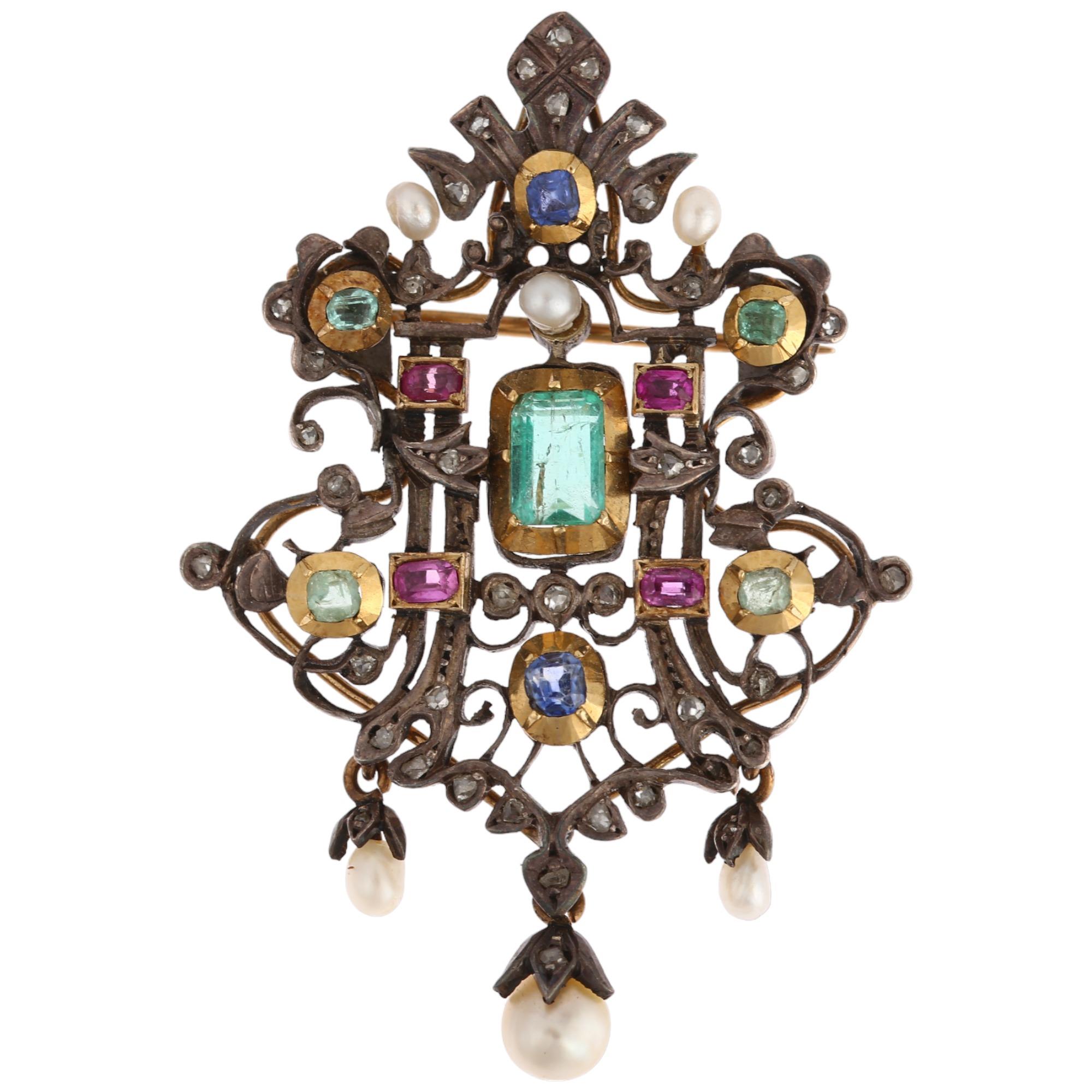 An Austro-Hungarian silver and gold gem set openwork pendant/brooch, Vienna circa 1890, centrally