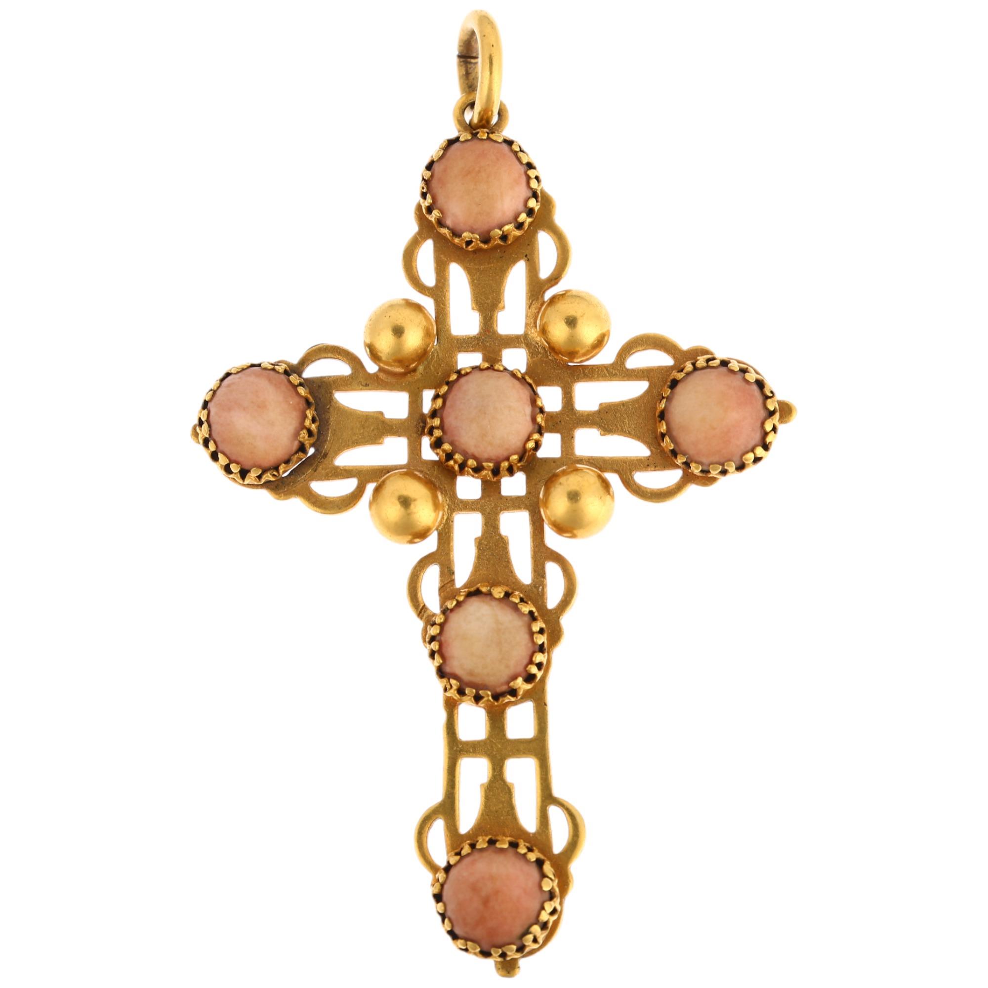 A Victorian gem set cross pendant, unmarked yellow metal settings with pierced decoration, 69.6mm,