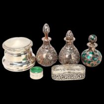 Various silver, including dressing table box, silver overlaid glass scent bottles, etc, 3.9oz