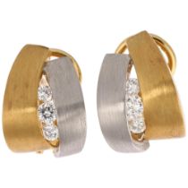 A pair of 18ct two-colour gold diamond half hoop earrings, by Manoj Jewellers, brushed settings,