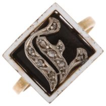 An Art Deco onyx enamel and diamond initial J panel ring, unmarked gold settings, setting height