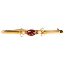 An Edwardian 15ct gold garnet and pearl bar brooch, 40mm, 1.6g Pin end of backing has a large dent