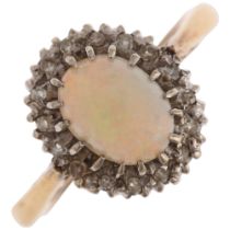 An 18ct gold opal and diamond oval cluster ring, claw set with 0.75ct oval cabochon opal