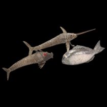 2 Spanish silver articulated model fish, and an unmarked white metal fish pepperette, largest