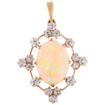 An opal and diamond openwork pendant, unmarked gold claw settings with 5ct high oval cabochon opal