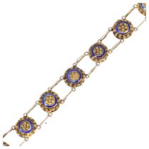 A Portuguese silver-gilt blue enamel panel bracelet, with cannetille decoration and double links,