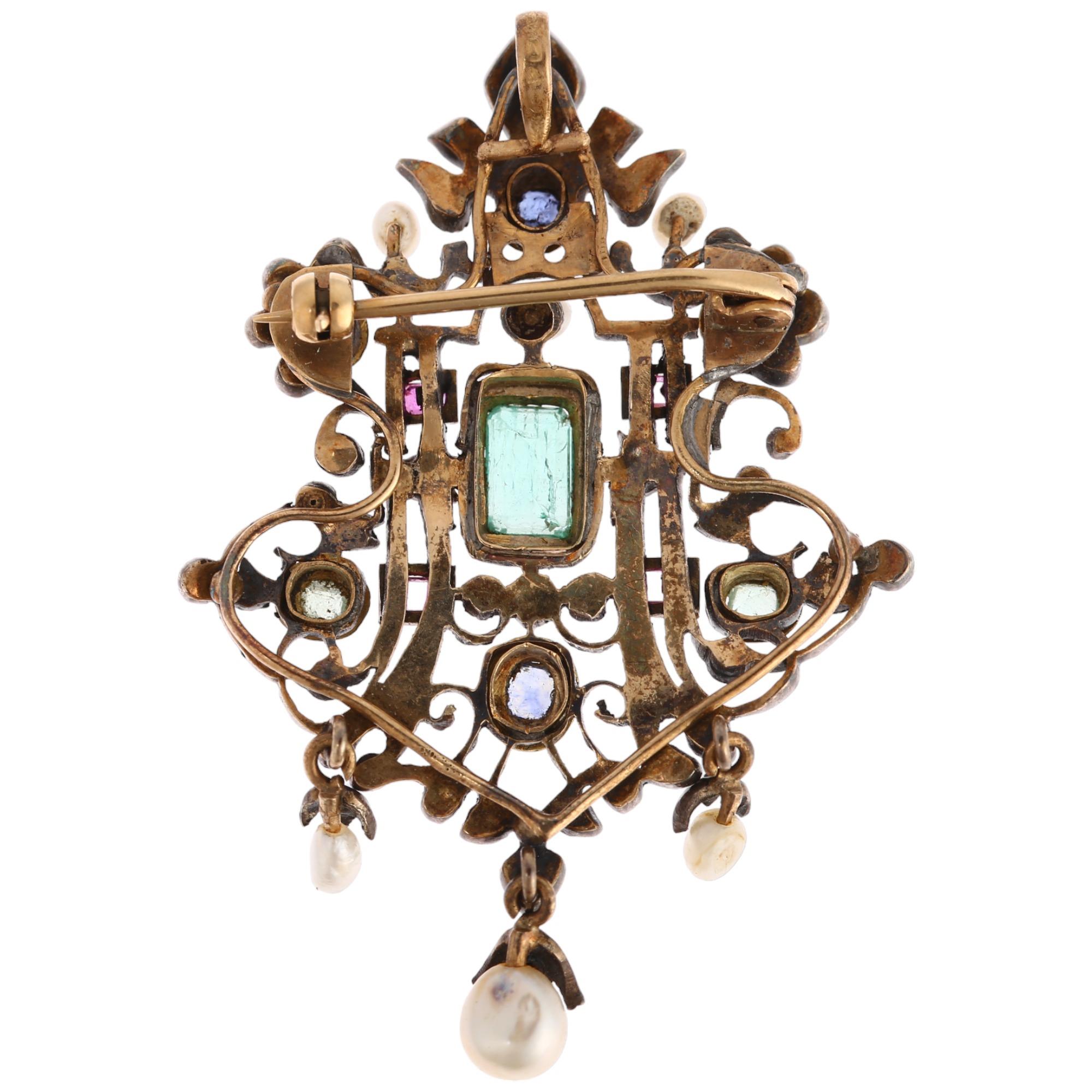 An Austro-Hungarian silver and gold gem set openwork pendant/brooch, Vienna circa 1890, centrally - Image 3 of 4