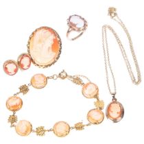A 9ct gold shell cameo jewellery set, comprising bracelet, ring, brooch, pendant necklace and pair