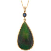 A large 18ct gold boulder opal sapphire and diamond drop pendant necklace, rub-over set with 11ct