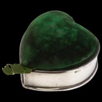 An Edwardian novelty silver-mounted green velvet heart dressing table jewel box/pin cushion,