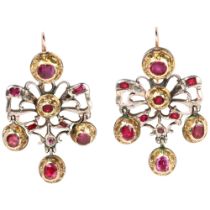 A pair of Georgian silver and gold ruby and diamond Girandole earrings, circa 1790, later retailed