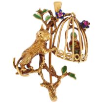 A mid-20th century 18ct gold figural cat and parrot pendant/brooch, maker RHB, import Birmingham