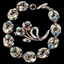 HERMANN SIERSBOL - a sterling silver and crystal bracelet and matching brooch, bracelet length 20cm,