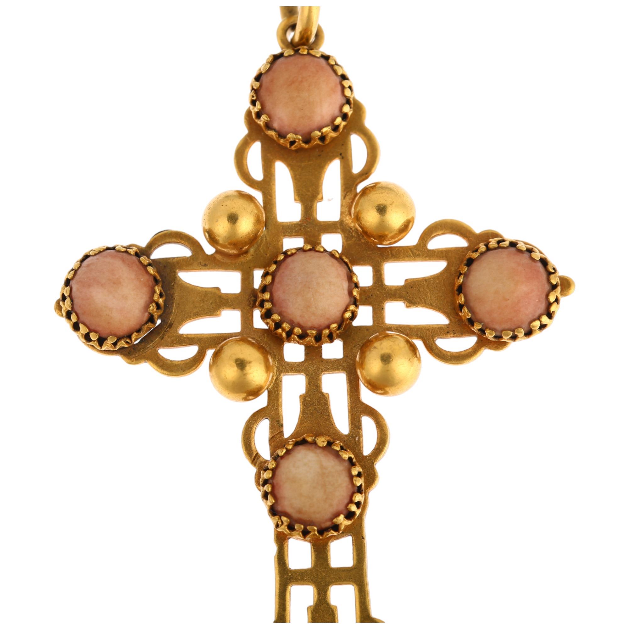 A Victorian gem set cross pendant, unmarked yellow metal settings with pierced decoration, 69.6mm, - Image 2 of 4