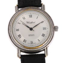 WOODFORD - a stainless steel automatic calendar wristwatch, silvered dial with Roman numeral hour