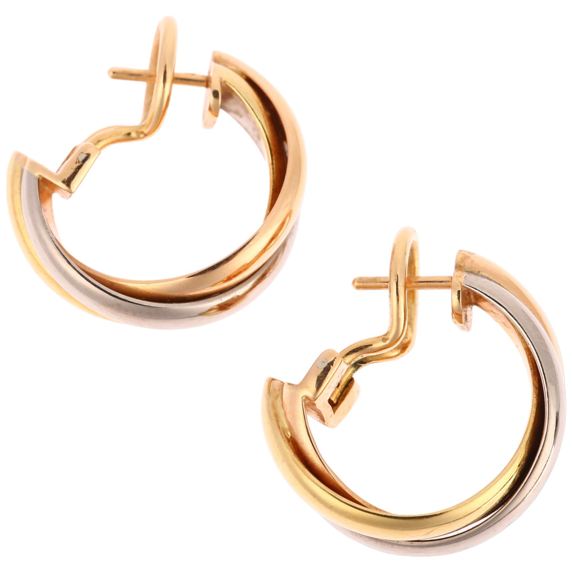 CARTIER - a pair of 18ct three-colour gold Trinity hoop earrings, with English lock fittings, signed - Image 2 of 4