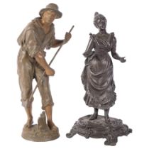 A Continental patinated spelter figure of a farmhand, 33cm, and a spelter figure of a girl on plinth