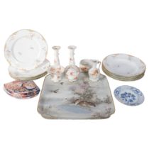 Limoges dressing table items, a Meissen plate with lattice border, Japanese tray, and Limoges