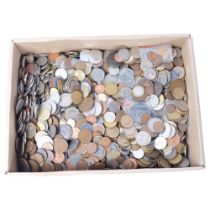 A box of British pre-decimal coinage and foreign coins