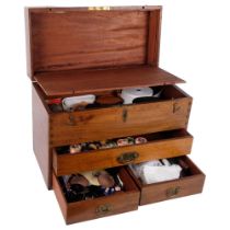 Antique mahogany sewing box with brass mounts, rising lid and 3 drawers under, and contents, W41.5cm