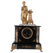 A 19th century slate and marble mantel clock, the 8-day French striking movement surmounted by a