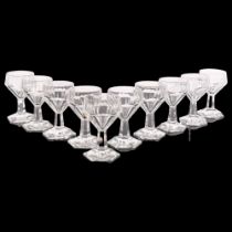 A group of 10 unmarked cut-glass goblets, with ornate hexagonal base, H13cm