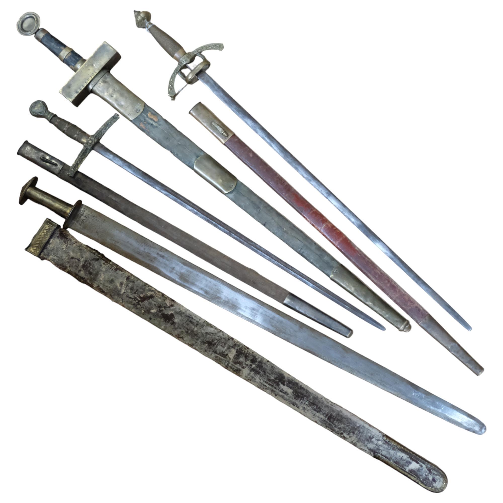 A group of 4 brass European re-enactment or reproduction swords, largest length 110cm