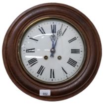 An oak-cased dial wall clock, 8-day movement, painted dial, W37cm, complete with pendulum but no key