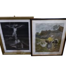 19th century monochrome etching (Jesus Christ Saviour), framed, coloured engraving, a morning