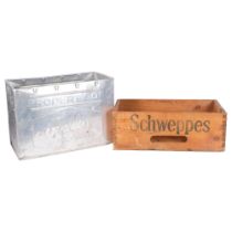 A Vintage Schweppes pine crate, and a Wall's Ice Cream aluminium ice cream box