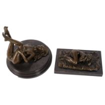 An erotic bronze female figure on plinth, H19cm, and a modern bronze resting female nude on plinth