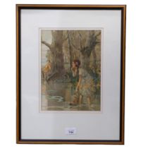 Girl collecting water from a lake, early 20th century watercolour, unsigned, 27cm x 20cm, framed