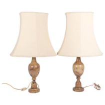 A pair of composite marble-effect table lamps, with associated lamp shades, H60cm