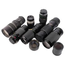 A group of camera lenses, including an Optomax autozoom 1:5.4 F=80mm-250mm, serial no. 7500834, a