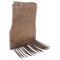 Antique wooden flax comb with steel teeth, H41cm