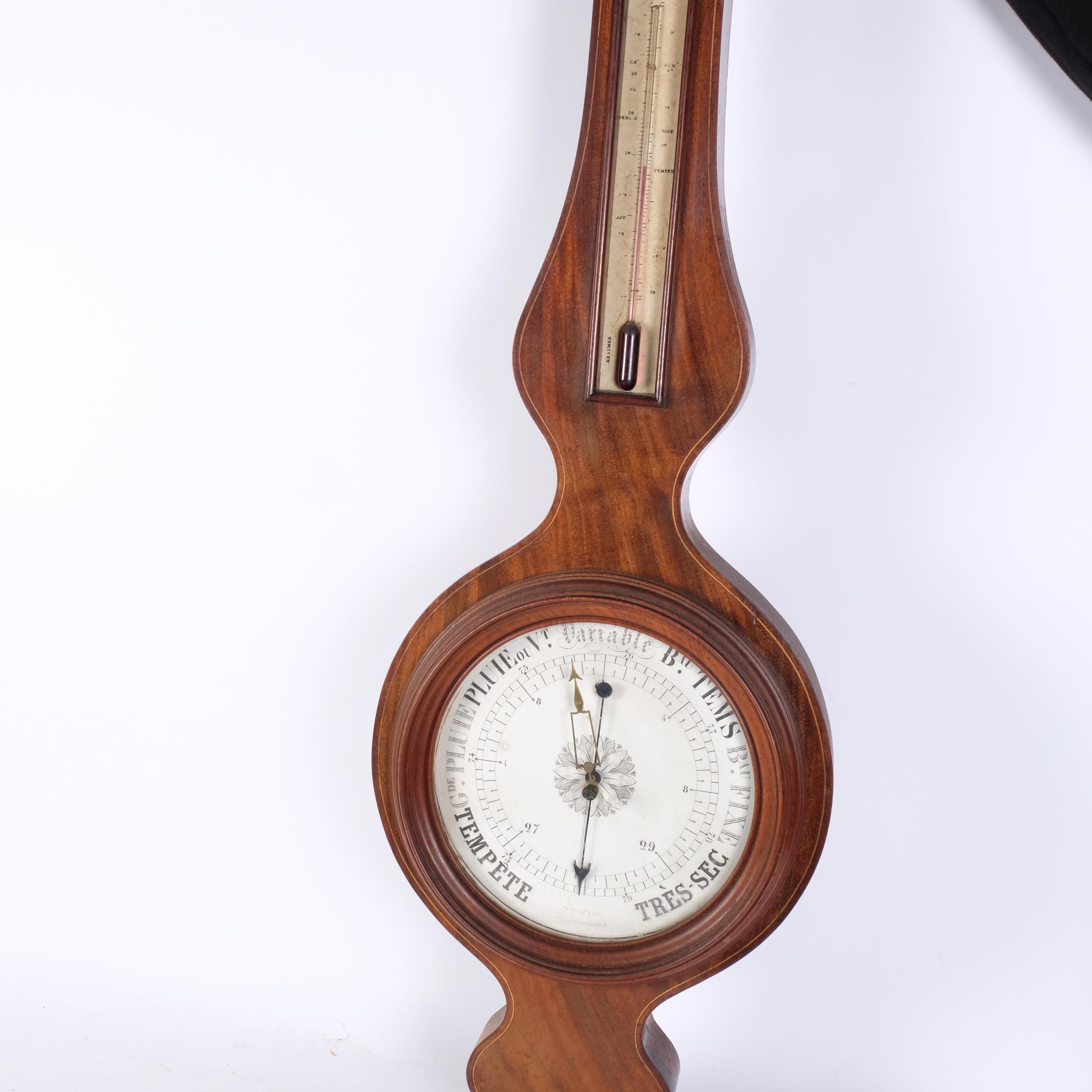 A 19th century mahogany and satinwood-strung wheel barometer, L95cm - Image 2 of 2