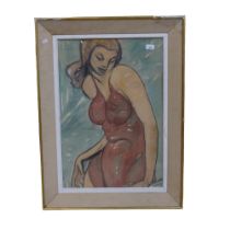 A gouache, lady in a red dress, 90cm x 68cm overall, framed