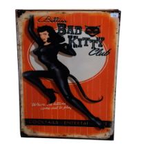 2 reproduction tin signs "Bad Kitty", and Dangerous Curves Ahead, 70cm x 50cm